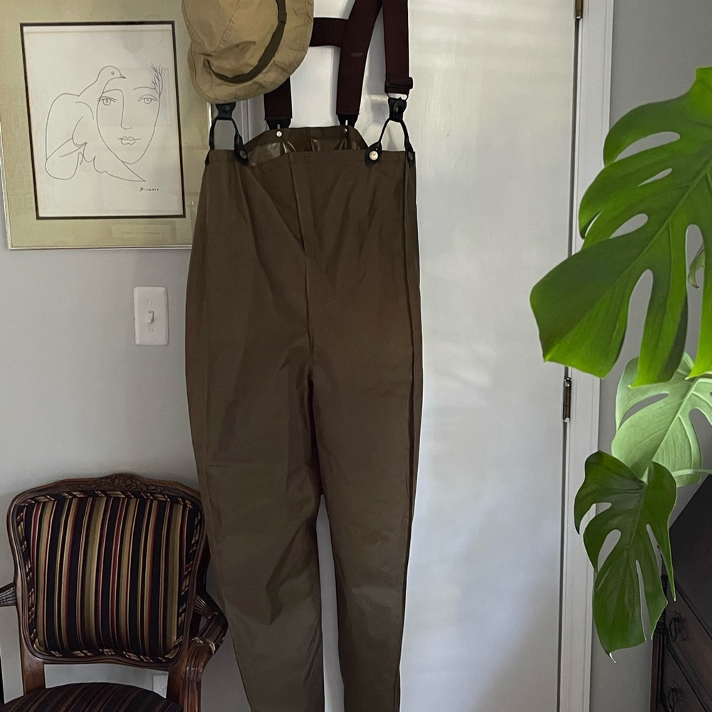 Orvis fishing waders and bucket hat vintage